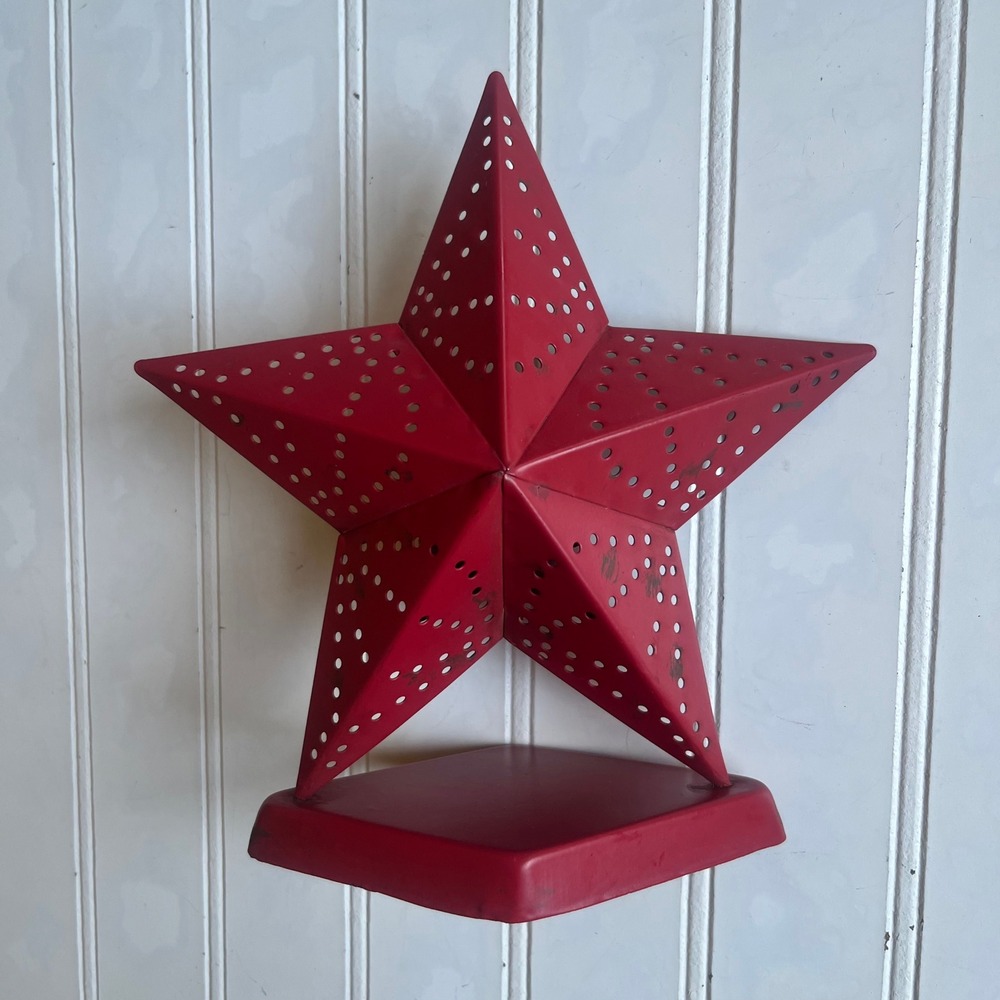 Rustic Red Metal Perforated Star Tea Light Candle Holder Wall Mount Decor 8"